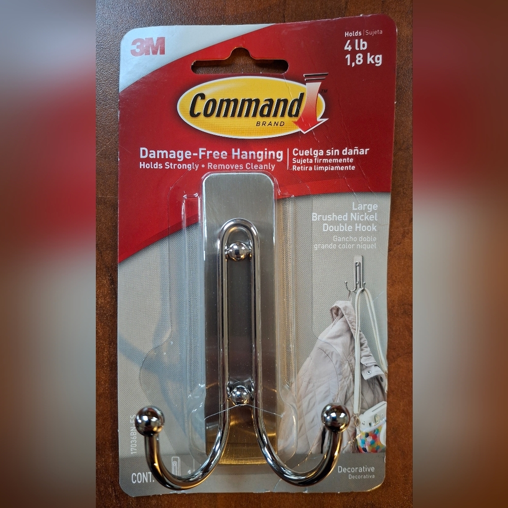 3M Command 2" Brushed Nickel Lg Metal Double Hook 4lb Capacity - 17036BN-ES